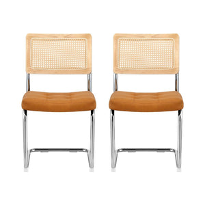 Dining Chairs Set 2pc | Cantilever Design | PU Leather + Rattan | Brown