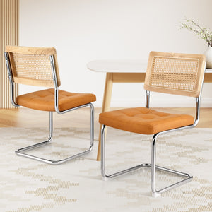 Dining Chairs Set 2pc | Cantilever Design | PU Leather + Rattan | Brown