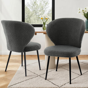 Dining Chairs Set 2pc | Sherpa Boucle | Wingback Design | Grey