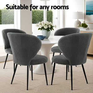 Boucle Sherpa Dining Chairs Set 4pc | Wingback Design | Grey