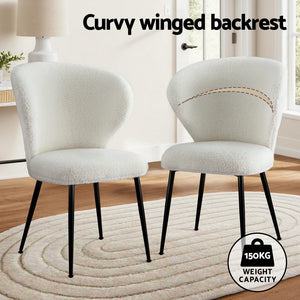 Dining Chairs Set 2pc | Sherpa Boucle | Wingback Design | White