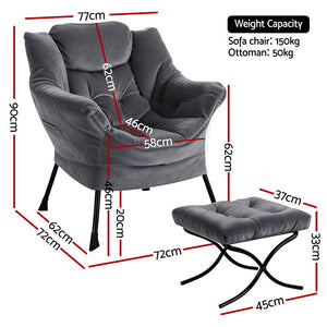 Accent Chair Ottoman | Velvet Lounge Footrest | Grey