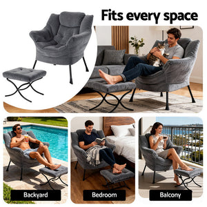 Accent Chair Ottoman | Velvet Lounge Footrest | Grey