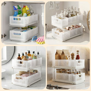 Under Sink Organiser | 2-Tier Pull-Out Drawer with Baskets | White