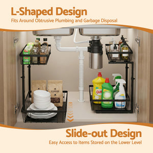 Under Sink Organiser | 2 Slide Out Drawers | Adjustable Height | Black