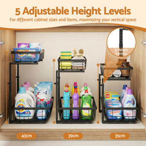 Under Sink Organiser | 2 Slide Out Drawers | Adjustable Height | Black