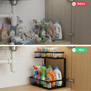 Under Sink Organiser | 2 Slide Out Drawers | Adjustable Height | Black