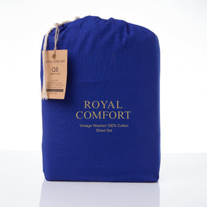 Vintage Washed 100% Cotton Sheet Set | Fitted & Flat Sheets | Pillowcases | Single | Royal Blue