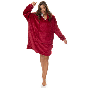 Snug Hoodie Nightwear | Super Soft Reversible Coral Fleece 750GSM | Red