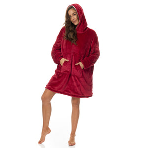 Snug Hoodie Nightwear | Super Soft Reversible Coral Fleece 750GSM | Red