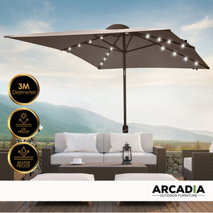 Arcadia Furniture Umbrella | 3 Metre Umbrella with Solar LED Lights | Garden Yard | Charcoal