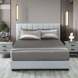 Satin Sheet Set | 3 Piece Fitted Sheet & Pillowcase | Soft | Queen | Charcoal