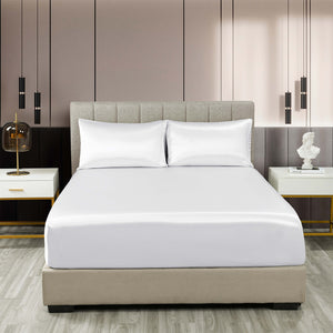Satin Sheet Set | 3 Piece Fitted Sheet & Pillowcase | Soft | King | White