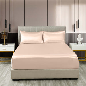 Satin Sheet Set | 3 Piece Fitted Sheet & Pillowcase | Soft | King | Champagne Pink