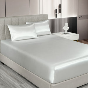 Satin Sheet Set | 3 Piece Fitted Sheet & Pillowcase | Soft | King | Silver