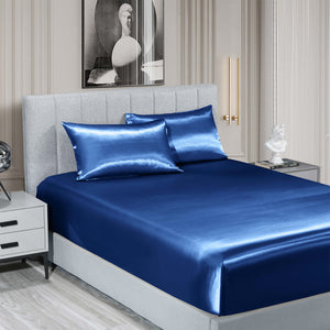 Satin Sheet Set | 3 Piece Fitted Sheet & Pillowcase | Soft | King | Navy Blue