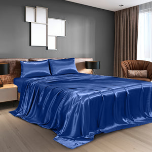 Satin Sheet Set | 4 Piece Fitted & Flat Sheets | Pillowcases | King | Navy Blue