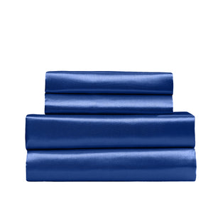 Satin Sheet Set | 4 Piece Fitted & Flat Sheets | Pillowcases | King | Navy Blue