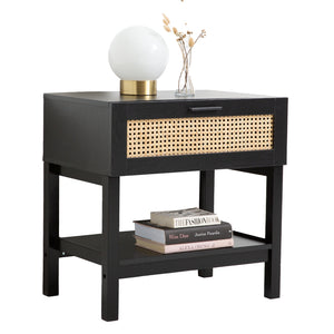Casa Decor Tulum Rattan Bedside Table | Drawers Table | Nightstand Cabinet | Black