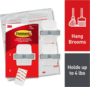COMMAND Broom Gripper | 17007-3NA | 3 Grippers + 6 Large Strips | Wall Organizer
