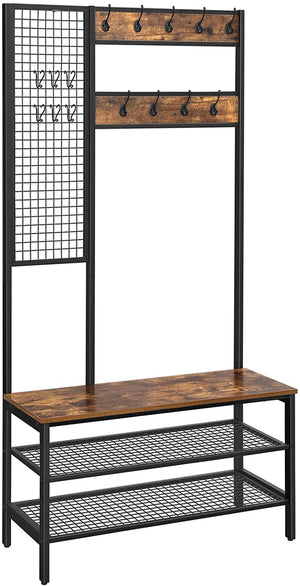 Coat Rack Stand | Industrial Style | Grid Wall & Shoe Storage | 185cm Tall | Rustic Brown