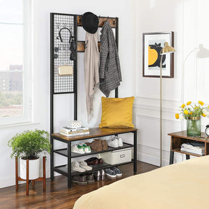 Coat Rack Stand | Industrial Style | Grid Wall & Shoe Storage | 185cm Tall | Rustic Brown