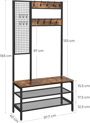 Coat Rack Stand | Industrial Style | Grid Wall & Shoe Storage | 185cm Tall | Rustic Brown