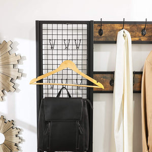 Coat Rack Stand | Industrial Style | Grid Wall & Shoe Storage | 185cm Tall | Rustic Brown