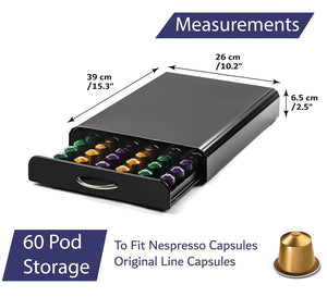 CARLA HOME Coffee Pod Holder | Storage Drawer | Compatible with 60 Nespresso Pods | Kitchen Storage & Organisation | Black