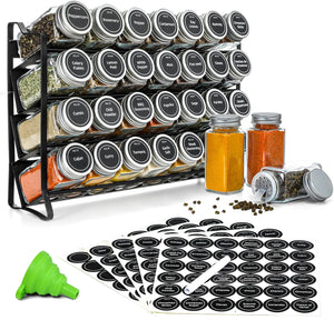 Spice Rack Organizer with 28 Spice Jars | Spice Labels, Funnel & Marker | Kitchen Countertop