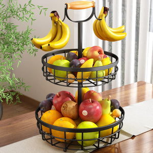 2-Tier Fruit Basket Bowl Storage | Wood Lift Handle & Dual Banana Tree Hanger for Kitchen Countertop