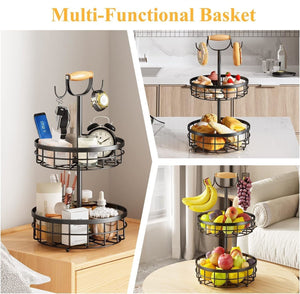2-Tier Fruit Basket Bowl Storage | Wood Lift Handle & Dual Banana Tree Hanger for Kitchen Countertop