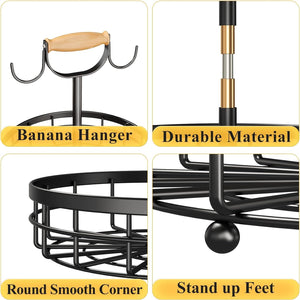 2-Tier Fruit Basket Bowl Storage | Wood Lift Handle & Dual Banana Tree Hanger for Kitchen Countertop