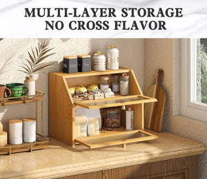 Double Layer Bamboo Bread Box for Kitchen Counter | Large Capacity | Clear Window
