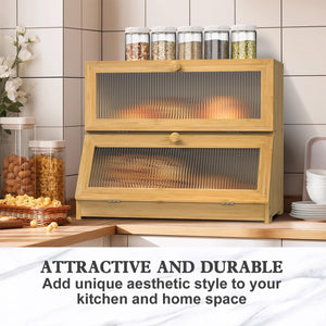 Double Layer Bamboo Bread Box for Kitchen Counter | Large Capacity | Clear Window
