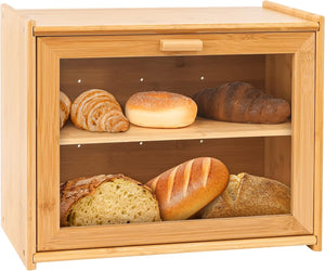 Double Layer Bamboo Bread Box for Kitchen Counter | Large Capacity with Transparent Window