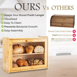 Double Layer Bamboo Bread Box for Kitchen Counter | Large Capacity with Transparent Window