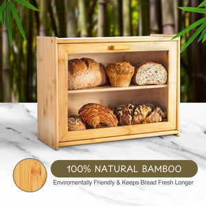 Double Layer Bamboo Bread Box for Kitchen Counter | Large Capacity with Transparent Window