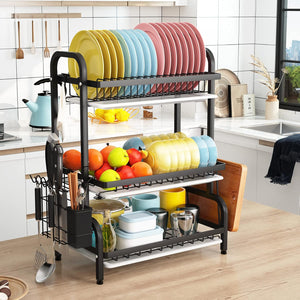 Dish Drying Rack 3 Tier Large Capacity | Kitchen Storage with Utensil & Cutting Board Holder