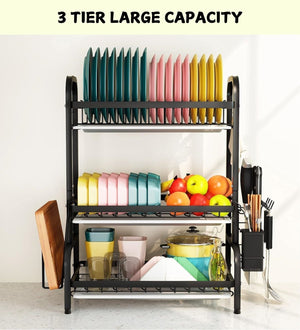 Dish Drying Rack 3 Tier Large Capacity | Kitchen Storage with Utensil & Cutting Board Holder
