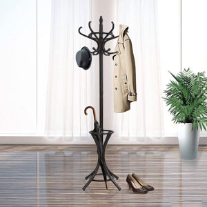 Brown Coat Rack with Stand | Wooden Hat and 12 Hooks Hanger | Walnut Tree