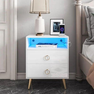 Amelia Modern LED Bedside Table with USB and Power Socket | White