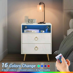 Amelia Modern LED Bedside Table with USB and Power Socket | White