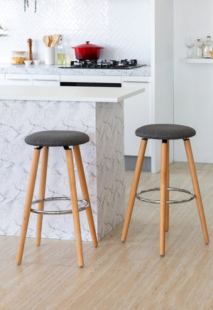 2 Cotton/Steel Modern Padded Barstools | Grey/Wood