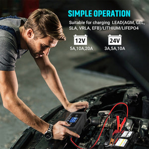 12/24V Automatic Car Battery Charger | For Lithium, LiFePO4, Lead-Acid, AGM/Gel/SLA