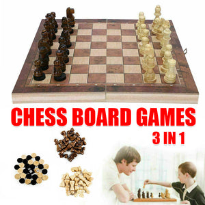 3-in-1 Wooden Chess Set | Folding Chessboard | Wood Pieces | Draughts | Backgammon Toy