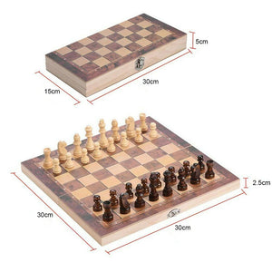 3-in-1 Wooden Chess Set | Folding Chessboard | Wood Pieces | Draughts | Backgammon Toy