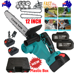 Electric Chainsaw | 12" Cordless | Brushless Wood Cutter | 2 Batteries + 2 Chains Included