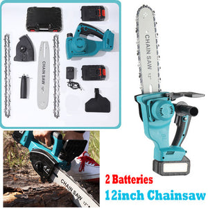Electric Chainsaw | 12" Cordless | Brushless Wood Cutter | 2 Batteries + 2 Chains Included