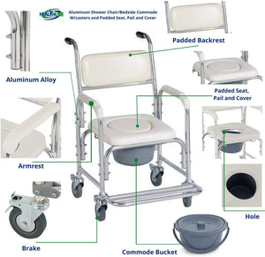 Mobile Shower Toilet Commode Chair | Bathroom Aluminum | Bedside Footrest | Wheelchair